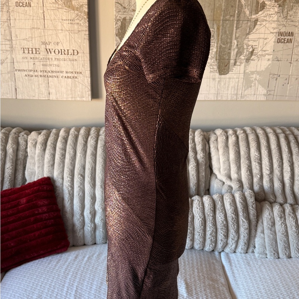 Free People Metallic‎ Bodycon Mini Dress XS Brown Bronze Short Sleeve Scoop Neck - Picture 3 of 7
